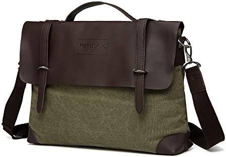 Vintage Genuine Leather Canvas Messenger Bag 14 inch Laptop Shoulder Bag Briefcase (green)