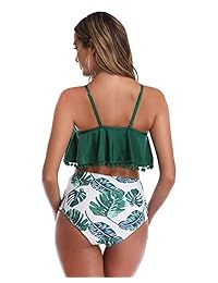 Traje de baño de bikini de pompones de cintura alta con volantes para dama