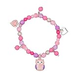 Little Owl Pink Purple Beaded Girls Charm Stretch Bracelet Hearts