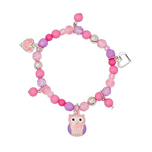 Little Owl Pink Purple Beaded Girls Charm Stretch Bracelet Hearts