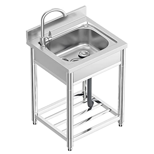 Vockol Professional Stainless Steel Kitchen Sink with 1 Basin, 55 x 50 x 94 cm, Freestanding Stainless Steel Sink with Tap and Accessories, Outdoor and Indoor Sink, Stainless Steel Sink for Kitchen, Restaurant, Garage, Garden