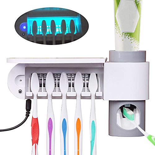 Womdee UV Toothbrush Holder Sanitizer, Mulitfunction Toothbrush Holder Wall Mounted, UV Sterilizer & Automatically Dispense Toothpaste & 5 Toothbrush Slots & 3M Sticky, for All Kinds Toothbrushes