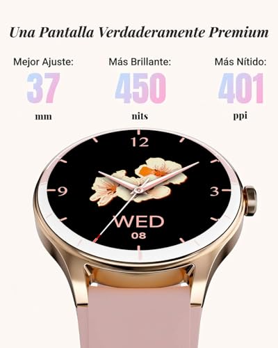 TOOBUR Women's Round Smartwatch, 40 mm Sports Smartwatch, Calorie Step Counter, Compatible Android iOS, Answer/Make Calls, Women's Health Watch, IP68 Waterproof, Pink
