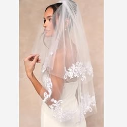 AOREAS Wedding Bridal Veil 2 Tier Flower Lace