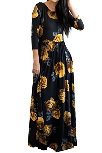 MITILLY Women's Floral Print 3/4 Sleeve Pockets Casual Swing Pleated Long Maxi Dress Medium Black