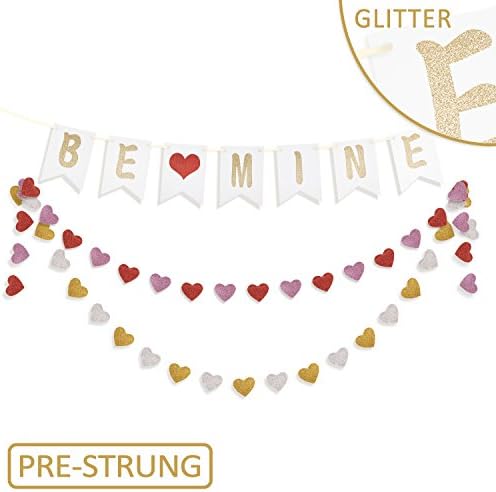 Valentine's Day Decorations and Ornaments-Glitter Be Mine Banner and Heart Garland Hanging Bunting,Valentines Party Supplies for Home Décor,House,Wall,Mantel,Bedroom,Romantic Photo Props Backdrop Sign