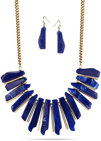 Jewelry11 Gold-Tone Metal Navy Blue Acrelic Earrings And Djustable Lobster Claw Closure Necklace Set Gift for Her