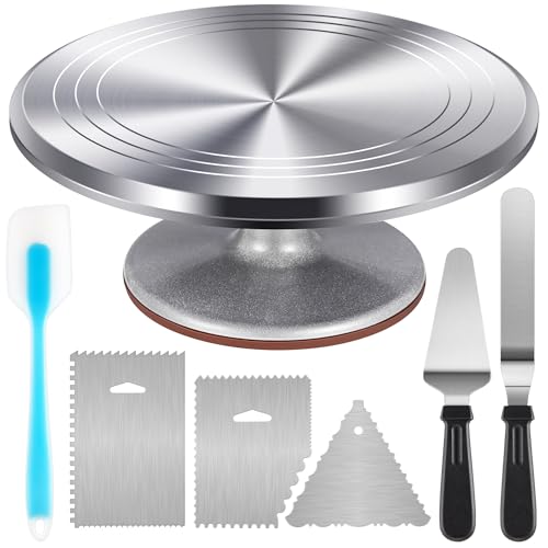 Kootek drehbarer Ständer aus Aluminiumlegierung, 30,5 cm großer Kuchen-Drehteller mit 32,8 cm abgewinkeltem Zuckerguss-Glätter, Silikon-Spatel, Torten