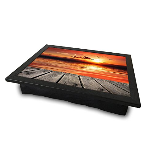 LaModaHome Sight MDF Pillow Tray - Beauty of Sunset and Flying Birds, Wooden Table - Pillow Cushioned Accessories, Portable Bed Stand for Notebook or Serving, Suitable for Use on Table, Sofa, Chair
