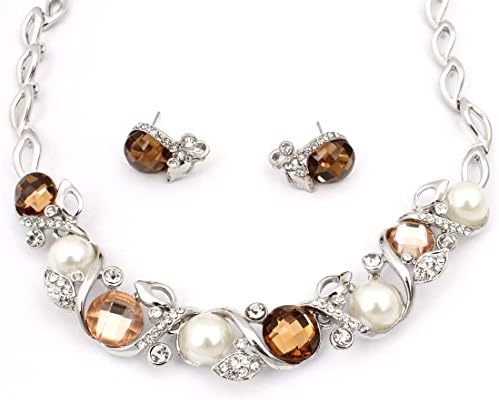 Romantic Wedding Gifts Women's Fashion High Quality Gold Plated Rhinestone Pearl Flower Choker Necklace Stud Earrings Jewelry Sets (Champagne)