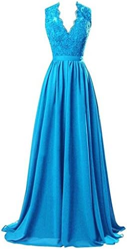 Prommay Women's V-Neck Chiffon Appliques Long A-line Prom Dress Size 6 Blue