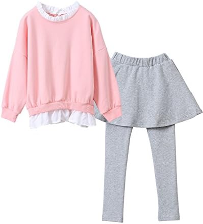 M RACLE Cute Little Girls' 2 Pieces Long Sleeve Top Pants Leggings Clothes Set Outfit (7-8 Years(140), Pink Grey)