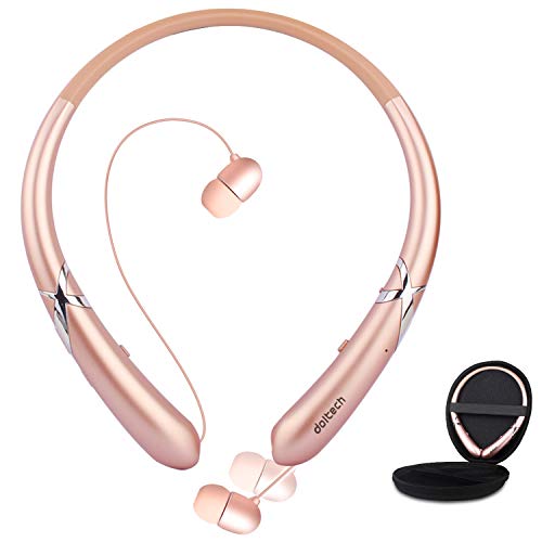 Bluetooth Headphones, Doltech Bluetooth 5.0 Neckband Headphones Noise Cancelling Headset with Carrying Case Retractable Earbuds Stereo Earphones with Mic (Rose Gold)