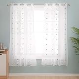 Deconovo Eyelet Linen Effect Voile Curtains 55x71 Blue 1 Pair Embroidered
