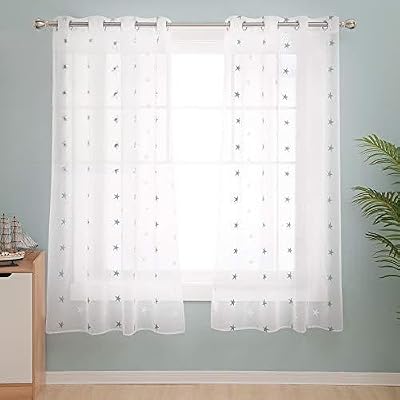 Deconovo Eyelet Linen Effect Voile Curtains 55x71 Blue 1 Pair Embroidered