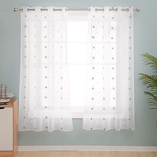 Deconovo Eyelet Faux Linen Net Curtains Embroidery Star Voile Curtains Super Soft Semi Sheer Curtains 55 x 71 Drop Inch Blue 1 Pair