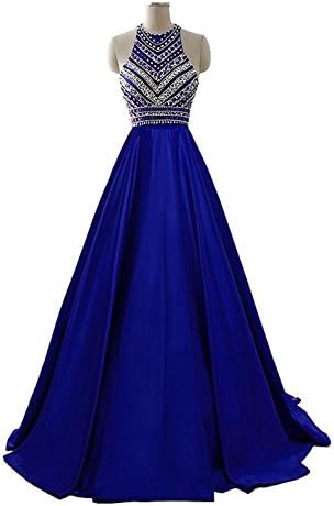 Himoda Women's Two Pieces Beaded Evening Gowns Satin Sequined Prom Dresses Long H052 6 1piece-Royal