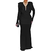 CHICME Women's Cowl Neck Ruched Slim Fit Maxi Dress Long Sleeve Backless Evening Wedding Guest Bodycon Dress