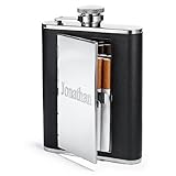 6oz Leather Hip Flask with Cigarette Case, Free Custom Personalization