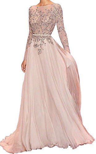 Carnivalprom Women's A Line Prom Gowns Crew Long Sleeve Chiffon Evening Dress