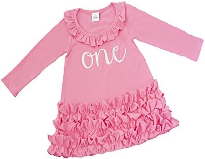 Baby Girl Pink Long Sleeve First Birthday Outfit, Silver one Ruffle Dress, Perfect for Baby’s First Birthday