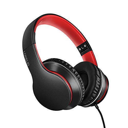 LORELEI X6 Over-Ear Headphones with Microphone, Lightweight Foldable Stereo Bass Headphones with 1.45M No-Tangle, Portable Wired Headphones for Smartphone Tablet MP3 / 4 (Black-Red