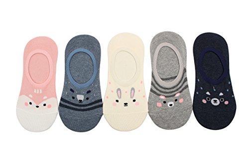 WOWFOOT Women Animal Design No-Show Casual Liner Socks Character Print Non Slip Flat Boat Line 4 Pair (5pair-Soft Animal)