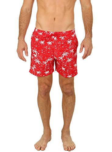 Uzzi Men's Swim Shorts Palm Tree Dry Fast Microfiber Trunks 1823 Red L