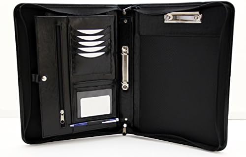 Noda Faux Pu Leather Zipped Business Conference A4 Folder Padfolio 2 Ring Binder with Clipboard (Black)