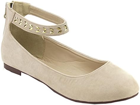 I HEART COLLECTION EMILY-03 Women's Faux Suede Ankle Strap Metal Detaied Flats, Color:SAND, Size:7