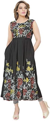 Dummy Shape Women's Black Printed Cotton Rayon Maternity cum Feeding Long Kurti Dress for Casual & Daily Wear