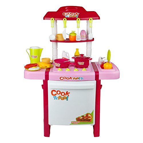 Kitchen Playset Toys Appliances Pretend Role Play Chef Food Toy with Sink Faucet Table Utensils Knife 27 Accessories for Kids Boys Girls,Large Tall,Pink