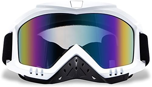 Motorcycle Goggles, Dmeixs Motocross Goggles Grip For Helmet Windproof Dustproof Anti Fog Safety Glasses for ATV Off Road Racing with Cool Look Headwear（Colorful Lens+White Frame)
