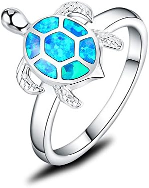 Sterling Silver 925 Sea Turtle Ring Honu with Created Blue Opal Shell Halo Solitaire Best Gifts