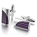 INBLUE Men's 2 PCS Rhodium Plated Enamel Cufflinks Silver Tone Purple Striped Shirt Wedding Business 1 Pair Set