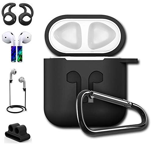 Airpods Case 9 in 1 Silicone Airpod Case Waterproof Shock Resistant Cover with AirPods Skins Stickers and Keychain Airpods Accessories Kit for Apple AirPods Protective Case (Black)