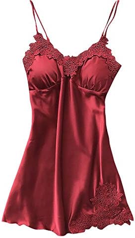 Women's Satin Lingerie Floral Embroidery Babydoll Sleepwear Lace Chemise Soft Nightgown Robe