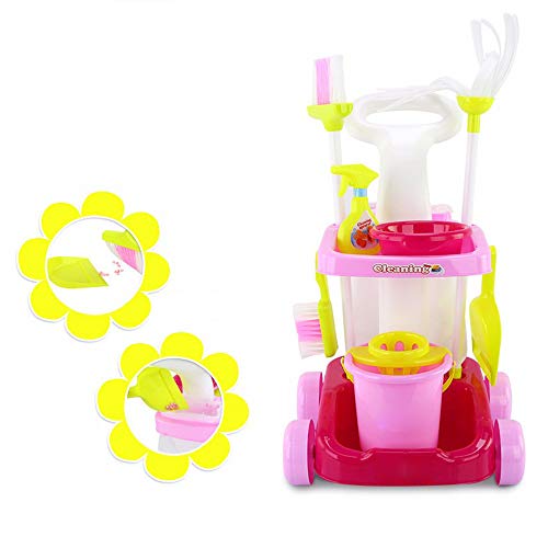 Alapaste Kids Cleaning Trolley Playset Toy Children Pretend Little Helper Housekeeping Mini Cleaning Carts Play with Mops and Buckets, Brooms for Ages 3 Up - Thumbnail 2