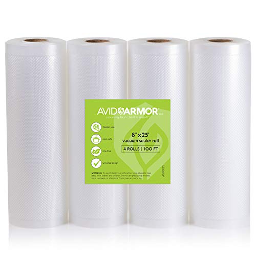4 Pack 8" x 25  Vacuum Sealer Bags Rolls food saver & Seal a Meal Vac Sealers, Heavy Duty Commercial Grade BPA Free Sous Vide Vaccume Safe FITS INSIDE ROLL STORAGE Cut Bag to Size 100 Feet Avid Armor