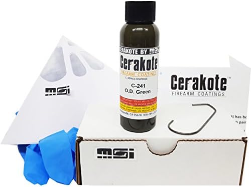  OD Green C-241 Air Cure MSI Ceramic Firearm Paint Bundle, includes 6 items: 45ml Ceramic Paint, Strainer, Gloves, Hanging hook, instructions and link to MSI instructional video.