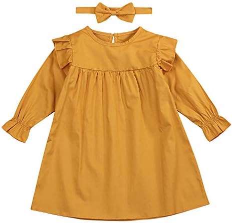 BabiBeauty Baby Girl Ruffle Dress Newborn Girl Long Sleeve Dresses Infant Girl Solid Casual Princess Party Dress + Headband