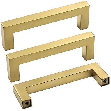 LONTAN 5 Pack Brushed Brass Cupboard Handles 115mm Square Gold Kitchen Handles Wardobe Bathroom Stainless Steel Drawer Pulls