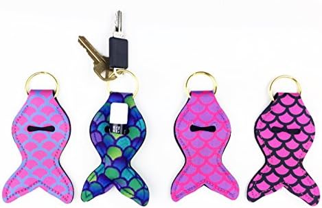 MERMAID NEOPRENE KEYCHAIN CHAPSTICK HOLDER with gold key ring, four bright colors, novelty keychain (multicolored) - FOUR (4) PACK
