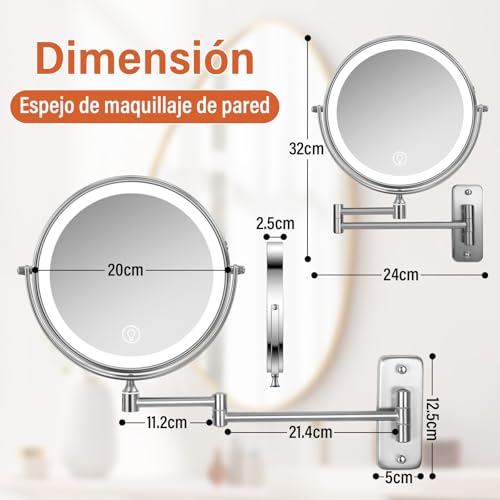 GALASALA Espejo con Luz Montado en Pared, Espejo de Maquillaje 8 Pulgadas con Aumento 10X/1X, Espejo de Tocador para Baño con Brazo Extensible, Rotación 360°, 3 Modos de Color