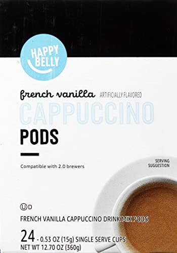 AMAZON BRAND – HAPPY BELLY CAPPUCCINO COFFEE PODS LIGHT ROAST COMPATIBLE WITH 2.0 K-CUP BREWERS, FRENCH VANILLA FLAVORED, 24 COUNT, 1.5 POUND (PACK OF 1)