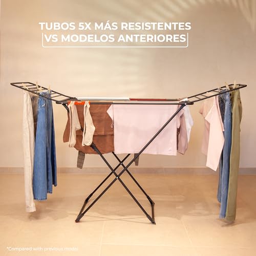 Tendedero Ultimate Extra de Aluminio con Patas en X (Black Edition) | Tubos 5 Veces más Resistentes | Tubos XL para Menos Marcas en Ropa | 20M para Secado | Soporte Calcetines