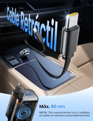 Lamicall 4 in 1 Retráctil Cargador para Auto – 69 W [Display de Voltaje] [50% Más Pequeño] Rápido Cargador para Carro, Puerto USB-C y USB-A, Compatible con iPhone 17/16/15/14/13/12, Galaxy, Airpods