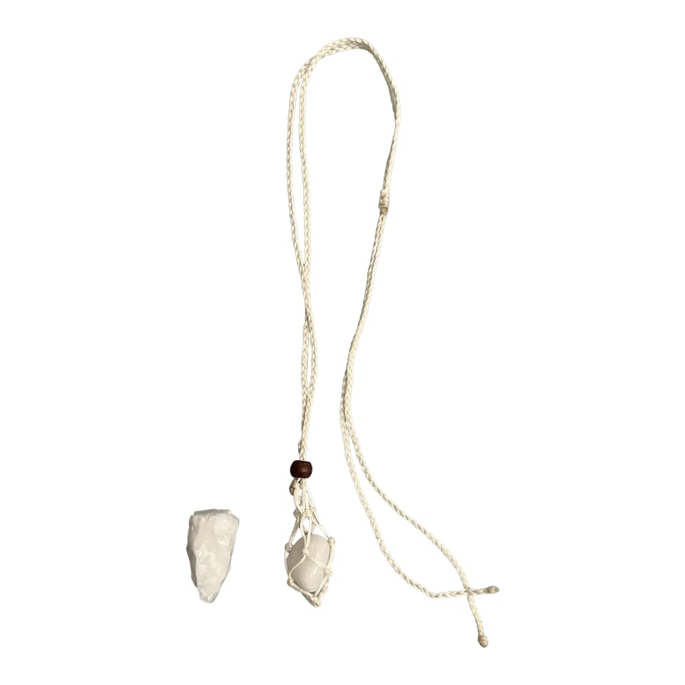 VIE White Macrame Necklace, White Agate Tumbled, with White Agate Rough Cut