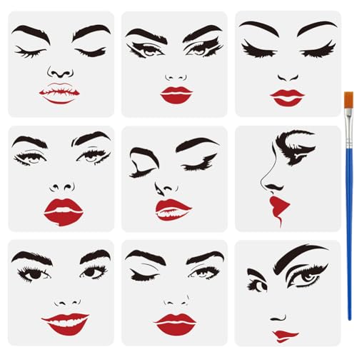 FINGERINSPIRE 9 Pcs Female Face Painting Stencil with Brush 5.9x5.9inch Eyes Nose Mouth Drawing Template Facial Expression Woman Face DIY Decor Stencil for Painting on Wood Wall Fabric Furniture