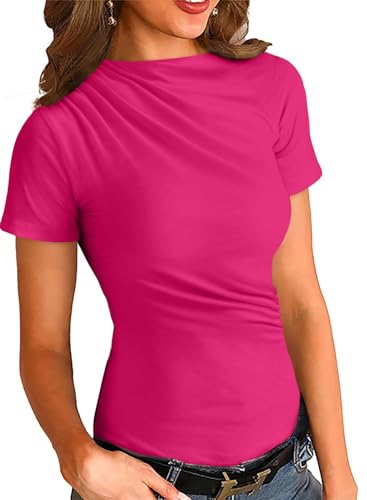 LOLONG SHORT SLEEVE BOAT NECK RUCHED SHIRTS FOR WOMEN SUMMER BUSINESS CASUAL TRENDY SLIM FITTED BASIC TOPS SOLID COTTON BLOUSES HOT PINK